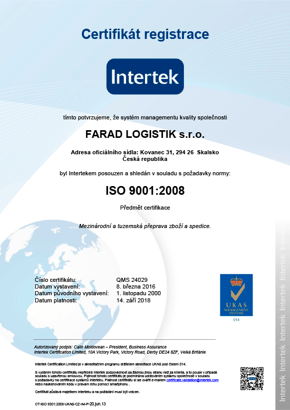 CT ISO9001 2008 UKAS CZ FARAD