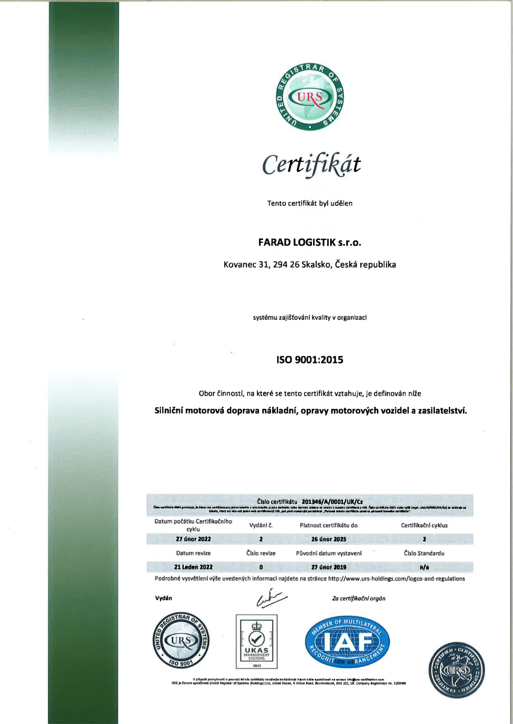 CT ISO9001 2008 UKAS CZ FARAD